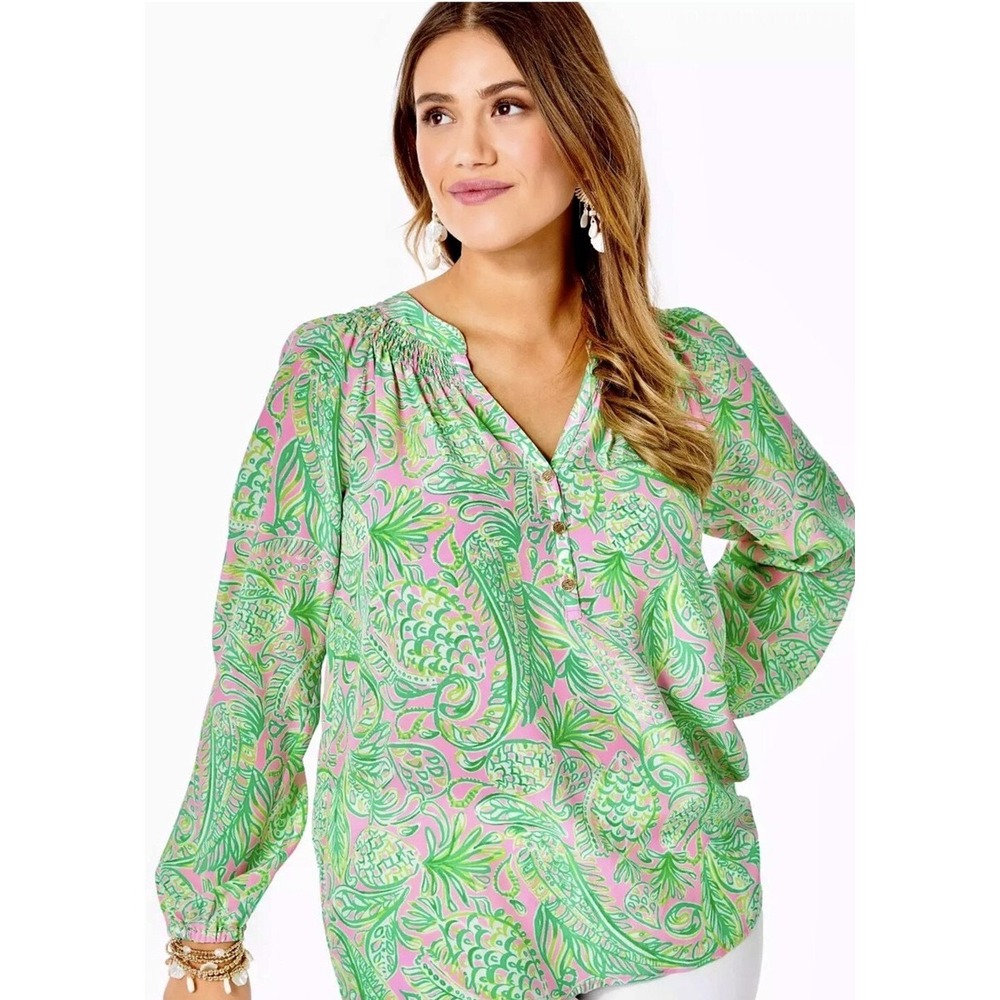 Lilly Pulitzer Elsa Silk Top XXS Pink Green Pineapple Paisley Gold Button Blouse